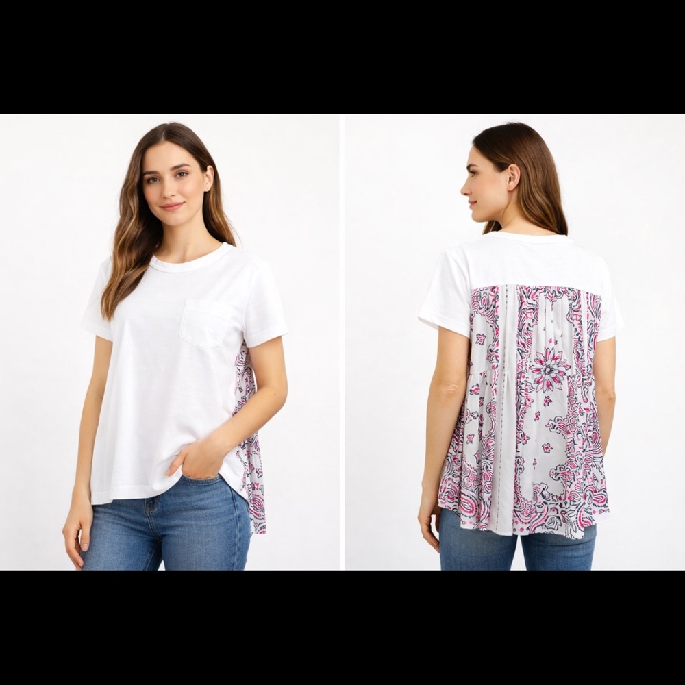 Sacai White Pocket Tee Shirt Pink Paisley Pleated Back Panel Top Japan Designer